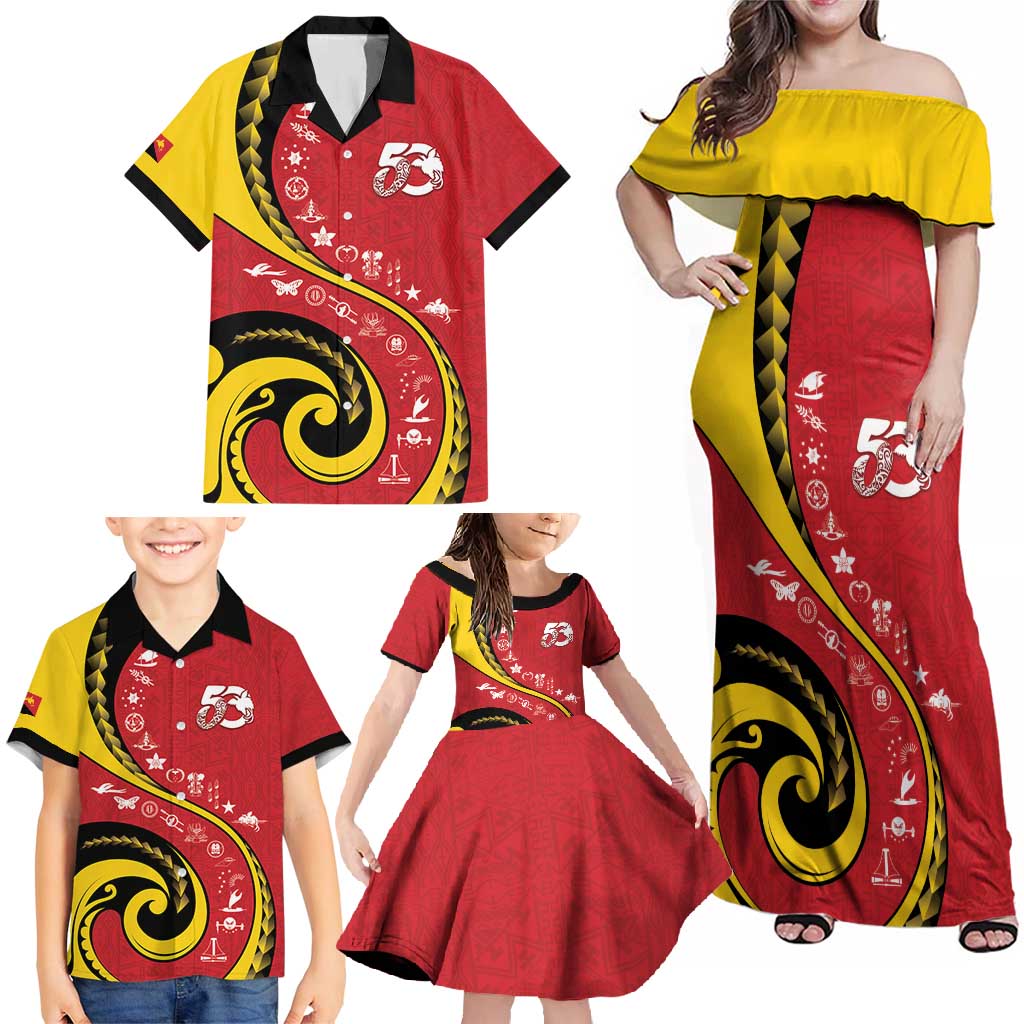 Papua New Guinea 50th Independence Anniversary Family Matching Off Shoulder Maxi Dress and Hawaiian Shirt Special Style Red Version LT05 - Polynesian Pride