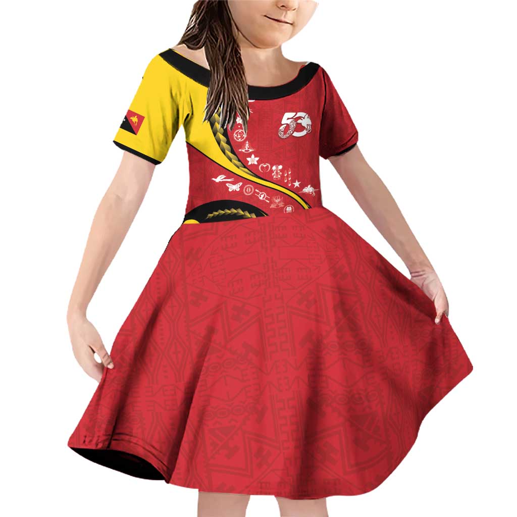 Papua New Guinea 50th Independence Anniversary Family Matching Off Shoulder Short Dress and Hawaiian Shirt Special Style Red Version - Polynesian Pride