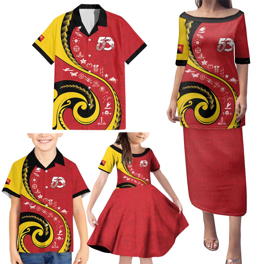Papua New Guinea 50th Independence Anniversary Family Matching Puletasi and Hawaiian Shirt Special Style Red Version LT05 - Polynesian Pride