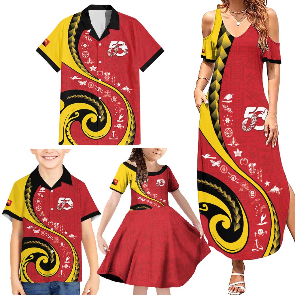 Papua New Guinea 50th Independence Anniversary Family Matching Summer Maxi Dress and Hawaiian Shirt Special Style Red Version LT05 - Polynesian Pride
