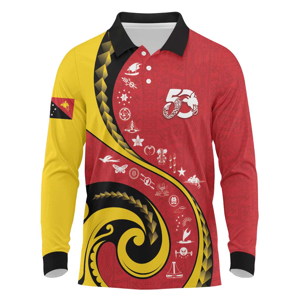 Papua New Guinea 50th Independence Anniversary Long Sleeve Polo Shirt Special Style Red Version LT05 Red - Polynesian Pride
