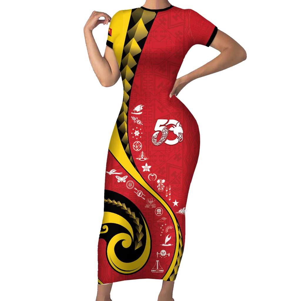 Papua New Guinea 50th Independence Anniversary Short Sleeve Bodycon Dress Special Style Red Version - Polynesian Pride