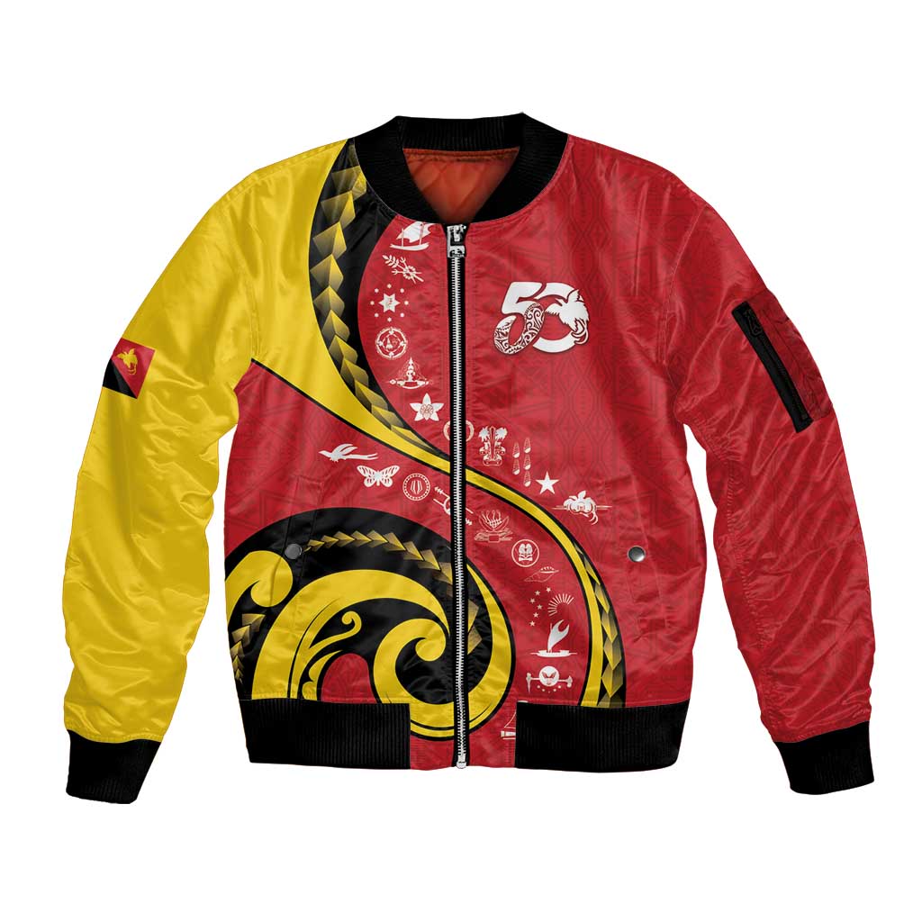 Papua New Guinea 50th Independence Anniversary Sleeve Zip Bomber Jacket Special Style Red Version - Polynesian Pride