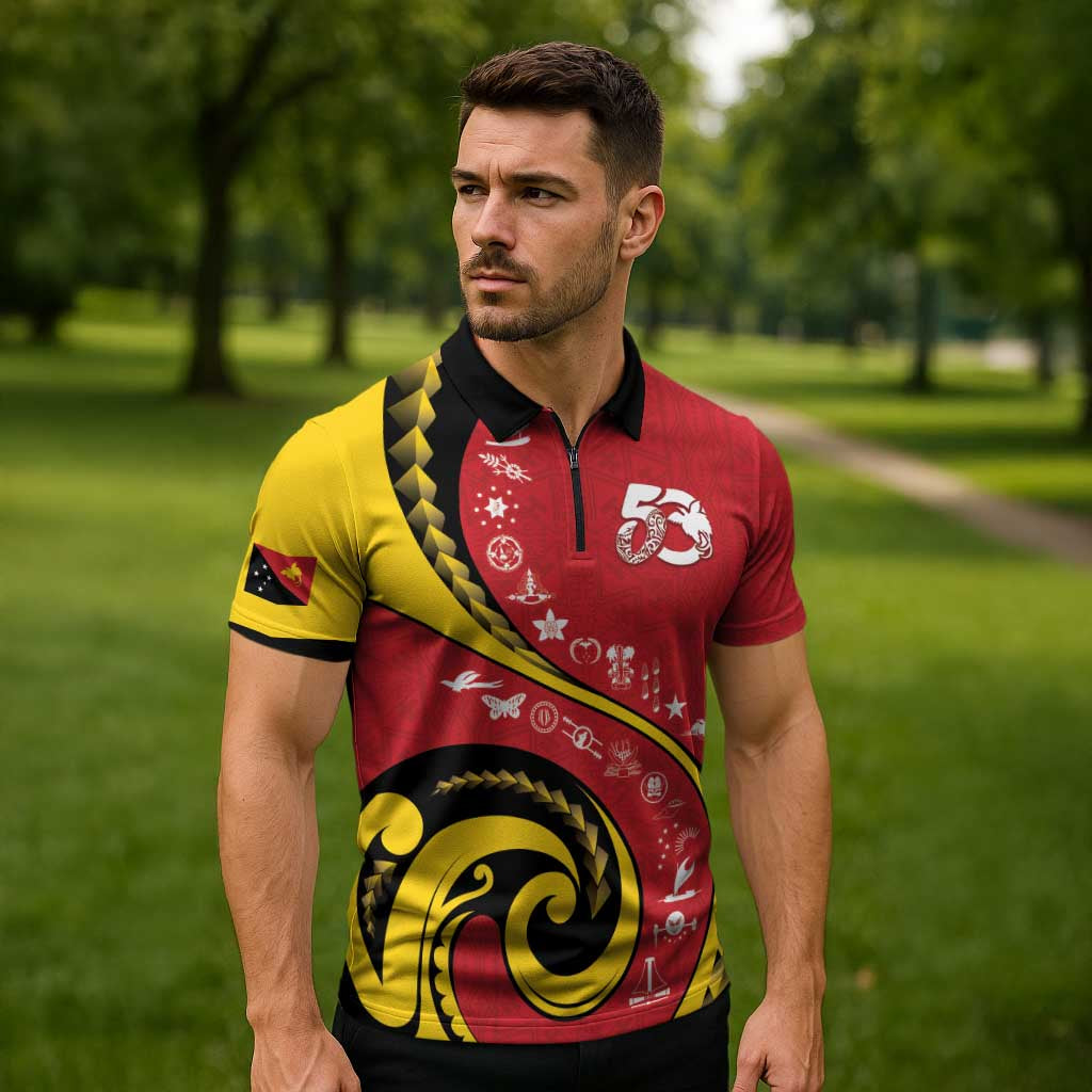 Papua New Guinea 50th Independence Anniversary Zipper Polo Shirt Special Style Red Version - Polynesian Pride