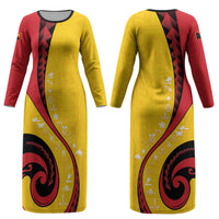 Papua New Guinea Independence Couples Matching Long Sleeve Bodycon Dress and Hawaiian Shirt Special Style Yellow Version LT05 - Polynesian Pride