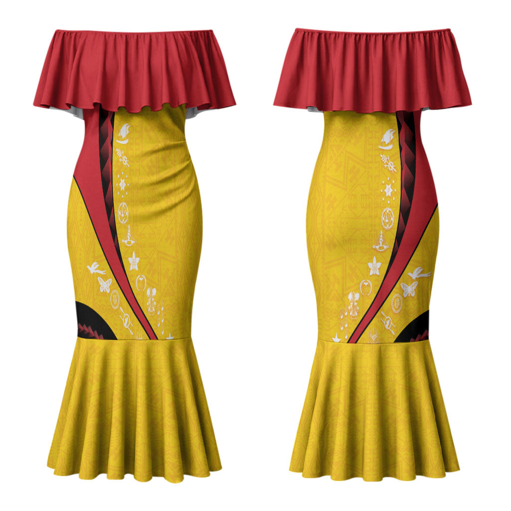 Papua New Guinea Independence Couples Matching Mermaid Dress and Long Sleeve Button Shirt Special Style Yellow Version LT05 - Polynesian Pride