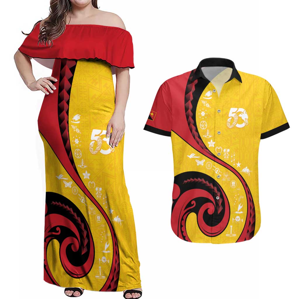 Papua New Guinea 50th Independence Anniversary Couples Matching Off Shoulder Maxi Dress and Hawaiian Shirt Special Style Yellow Version LT05 Yellow - Polynesian Pride