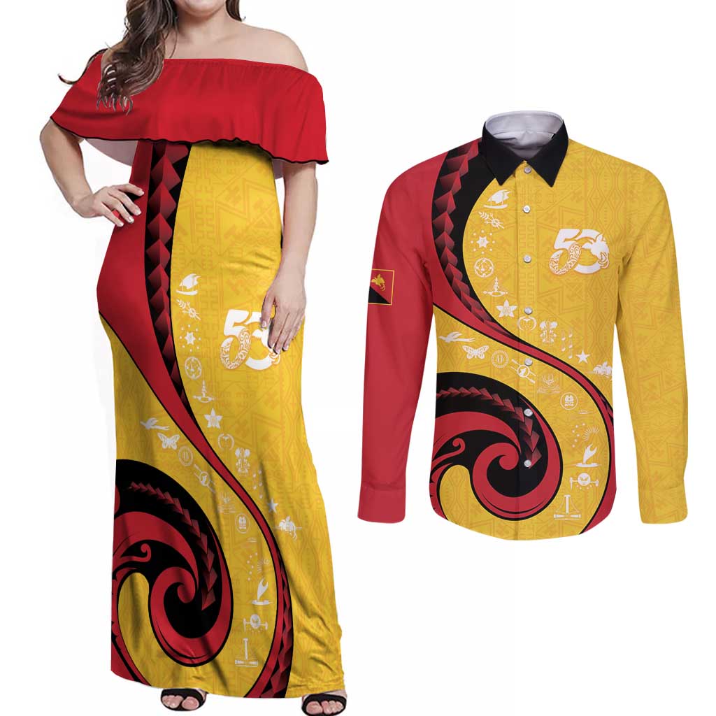 Papua New Guinea 50th Independence Anniversary Couples Matching Off Shoulder Maxi Dress and Long Sleeve Button Shirt Special Style Yellow Version LT05 Yellow - Polynesian Pride