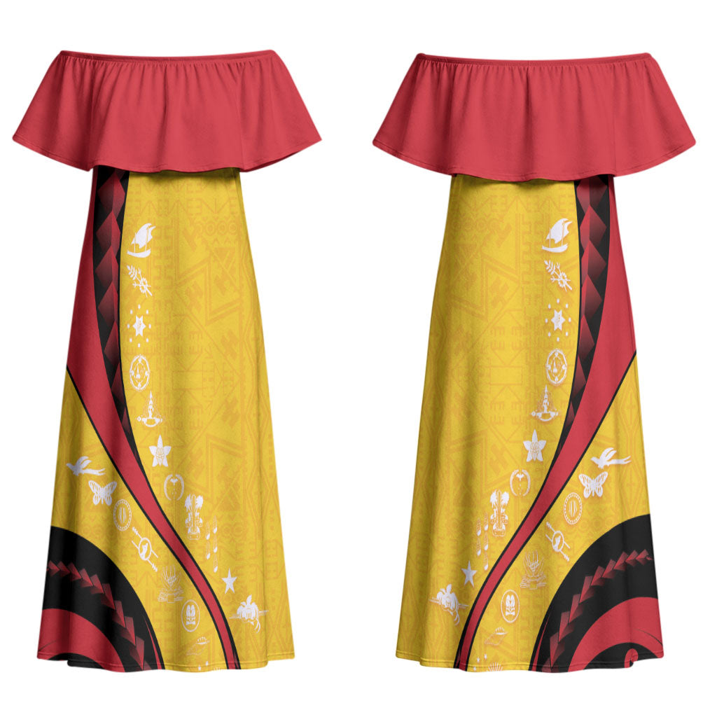Papua New Guinea Independence Couples Matching Off Shoulder Maxi Dress and Long Sleeve Button Shirt Special Style Yellow Version LT05 - Polynesian Pride