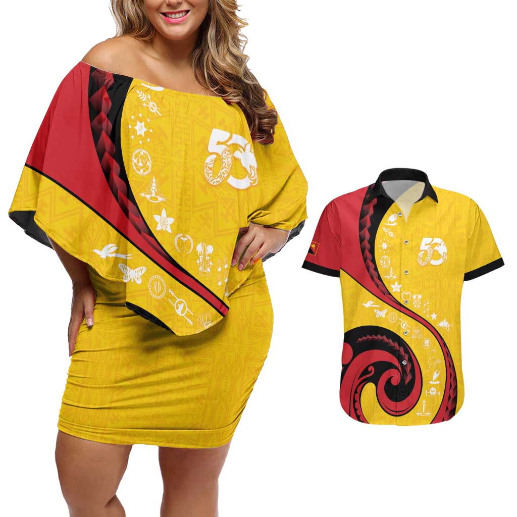 Papua New Guinea 50th Independence Anniversary Couples Matching Off Shoulder Short Dress and Hawaiian Shirt Special Style Yellow Version LT05 Yellow - Polynesian Pride