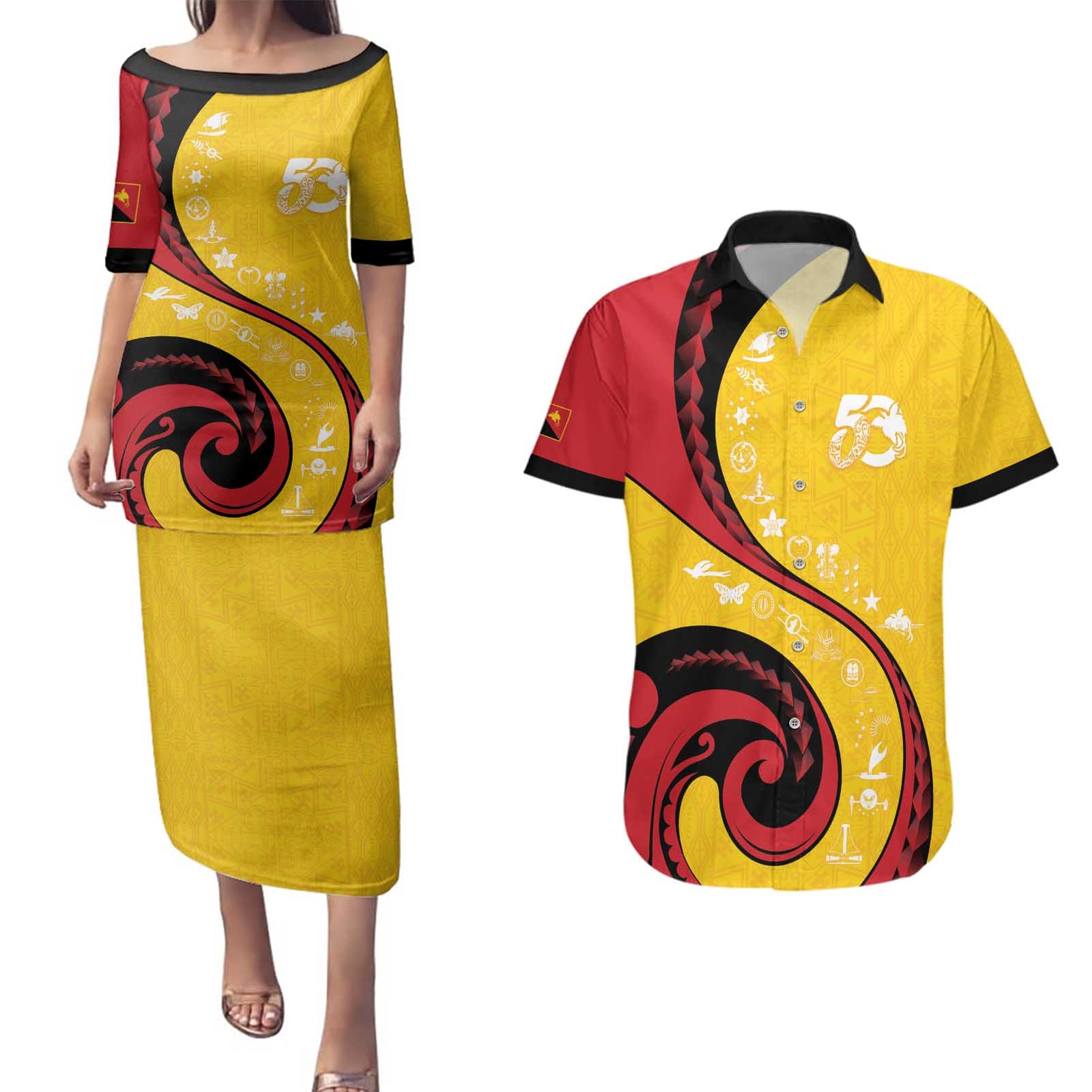 Papua New Guinea 50th Independence Anniversary Couples Matching Puletasi and Hawaiian Shirt Special Style Yellow Version LT05 Yellow - Polynesian Pride