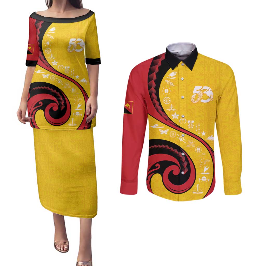 Papua New Guinea 50th Independence Anniversary Couples Matching Puletasi and Long Sleeve Button Shirt Special Style Yellow Version LT05 Yellow - Polynesian Pride
