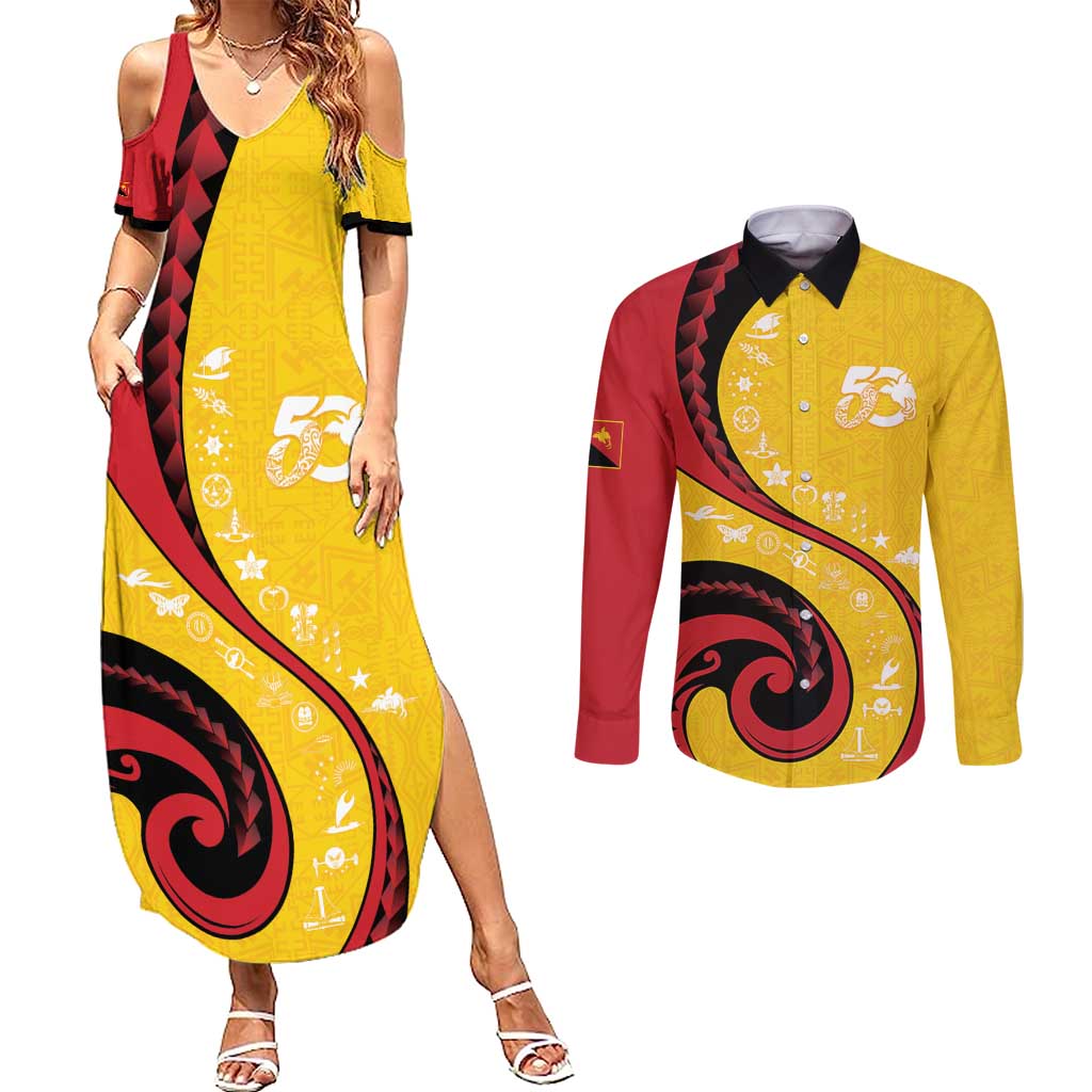 Papua New Guinea 50th Independence Anniversary Couples Matching Summer Maxi Dress and Long Sleeve Button Shirt Special Style Yellow Version LT05 Yellow - Polynesian Pride