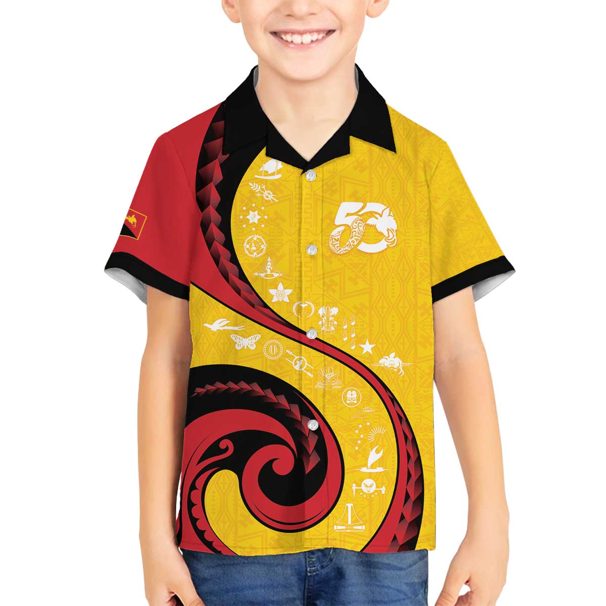 Papua New Guinea 50th Independence Anniversary Family Matching Off The Shoulder Long Sleeve Dress and Hawaiian Shirt Special Style Yellow Version - Polynesian Pride