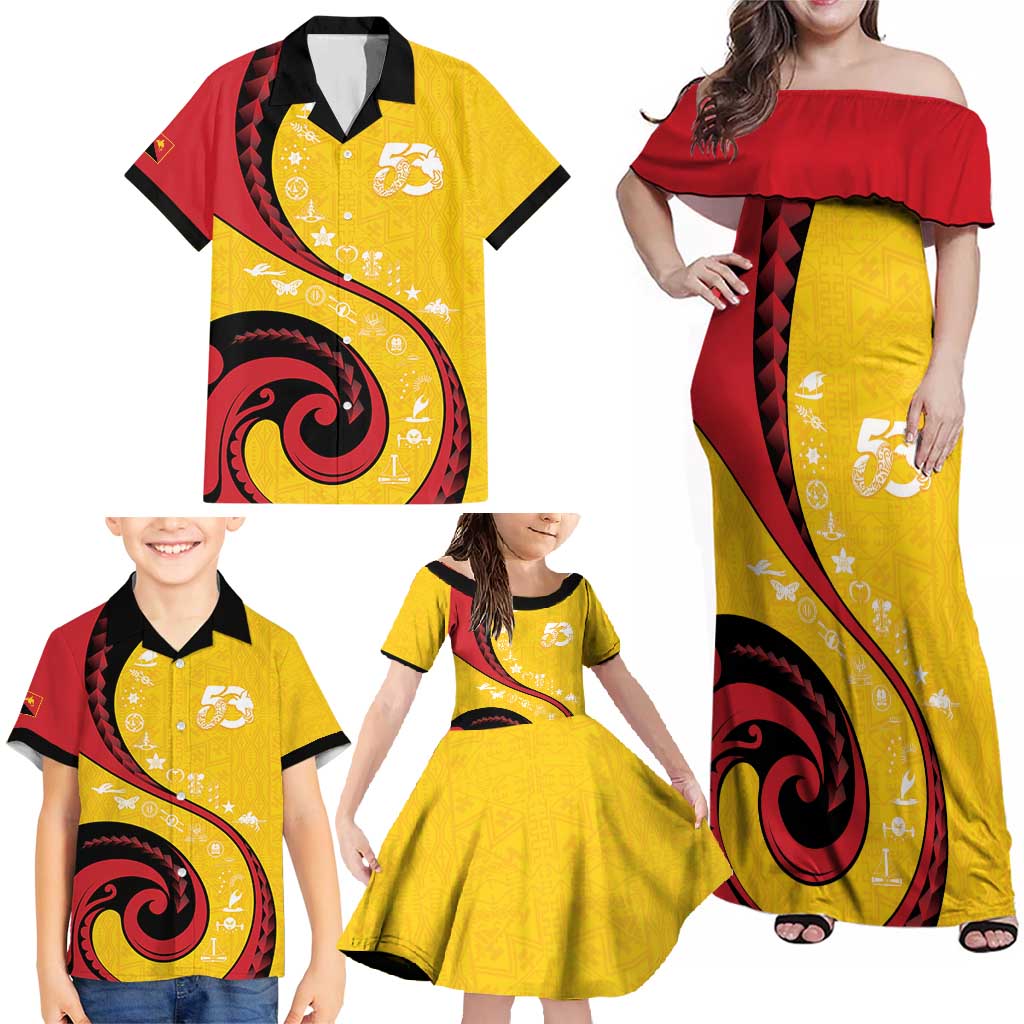 Papua New Guinea 50th Independence Anniversary Family Matching Off Shoulder Maxi Dress and Hawaiian Shirt Special Style Yellow Version LT05 - Polynesian Pride