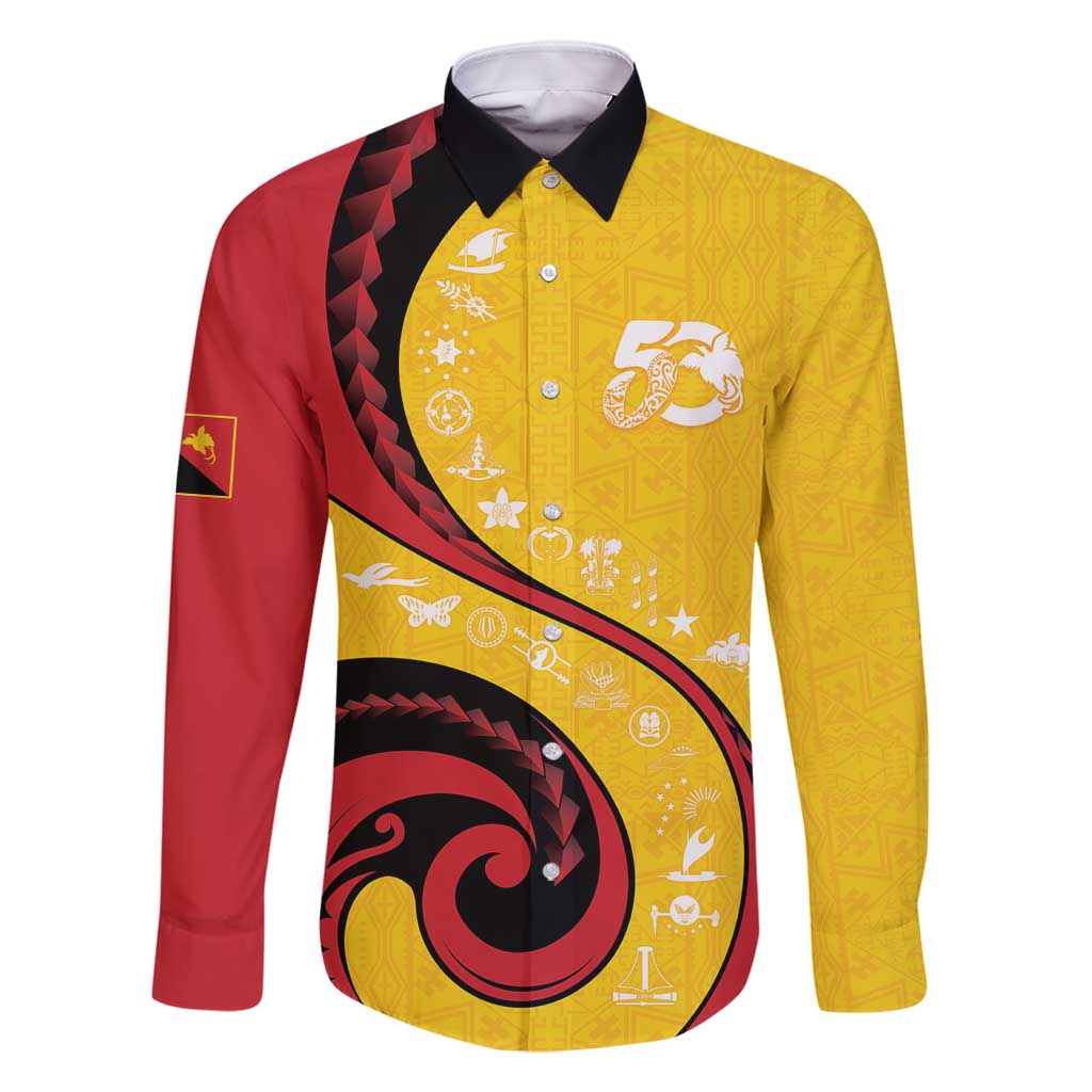 Papua New Guinea 50th Independence Anniversary Family Matching Summer Maxi Dress and Hawaiian Shirt Special Style Yellow Version LT05 Dad's Shirt - Long Sleeve Yellow - Polynesian Pride