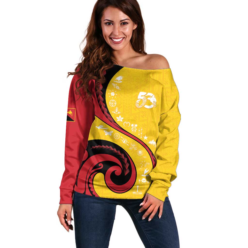 Papua New Guinea 50th Independence Anniversary Off Shoulder Sweater Special Style Yellow Version - Polynesian Pride