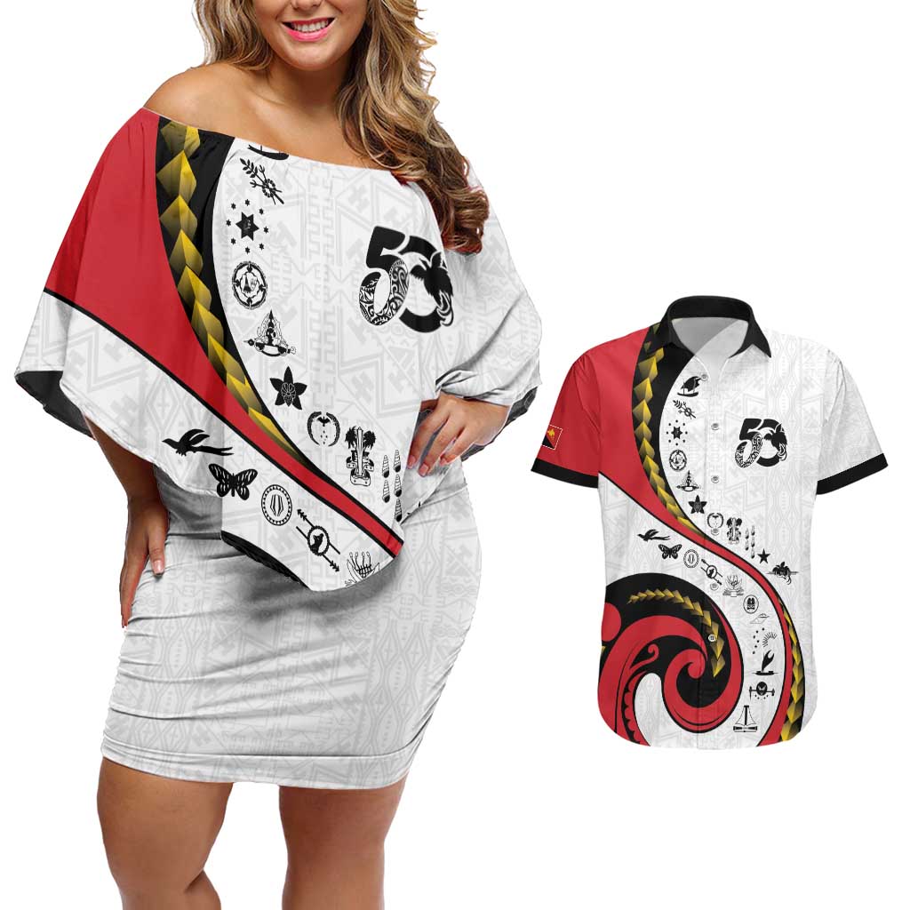 Papua New Guinea 50th Independence Anniversary Couples Matching Off Shoulder Short Dress and Hawaiian Shirt Special Style White Version LT05 White - Polynesian Pride