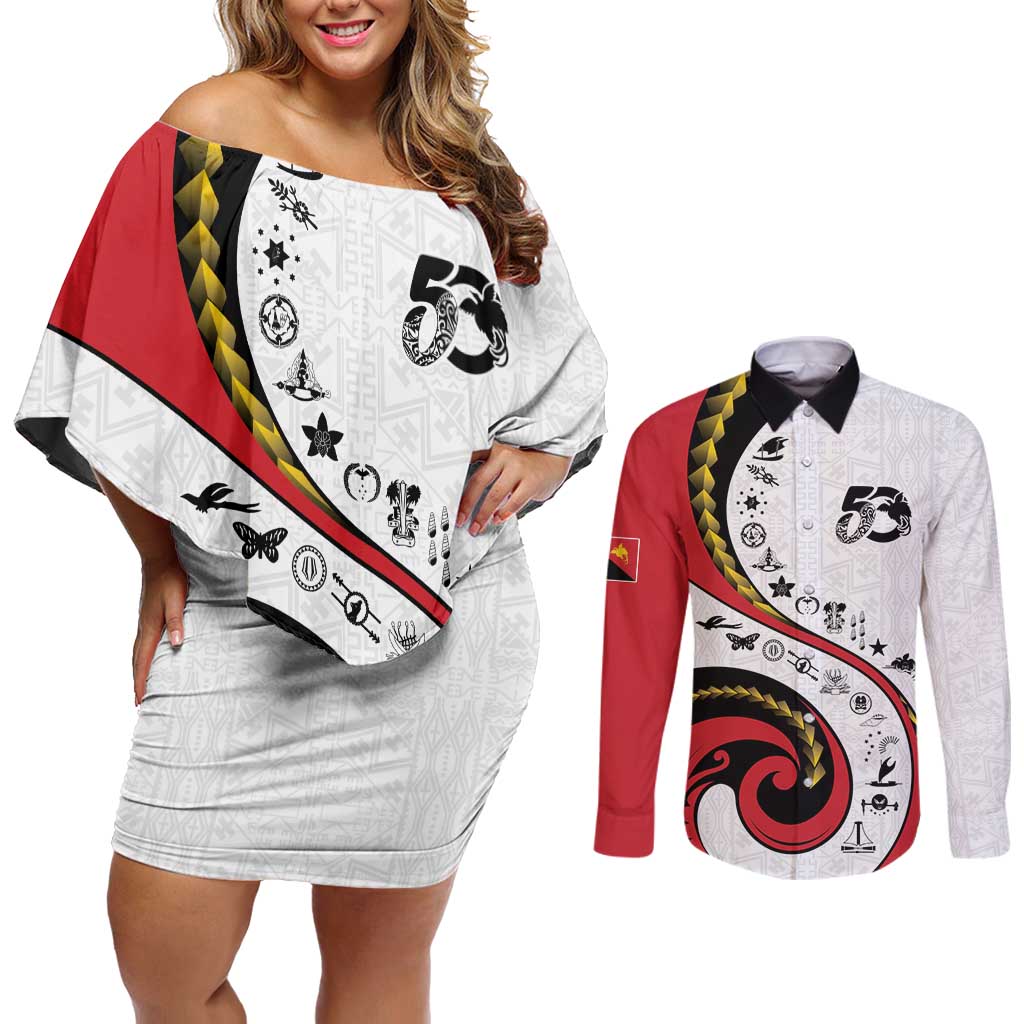 Papua New Guinea 50th Independence Anniversary Couples Matching Off Shoulder Short Dress and Long Sleeve Button Shirt Special Style White Version LT05 White - Polynesian Pride
