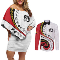 Papua New Guinea 50th Independence Anniversary Couples Matching Off Shoulder Short Dress and Long Sleeve Button Shirt Special Style White Version LT05 White - Polynesian Pride