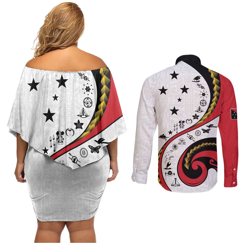 Papua New Guinea 50th Independence Anniversary Couples Matching Off Shoulder Short Dress and Long Sleeve Button Shirt Special Style White Version LT05 - Polynesian Pride