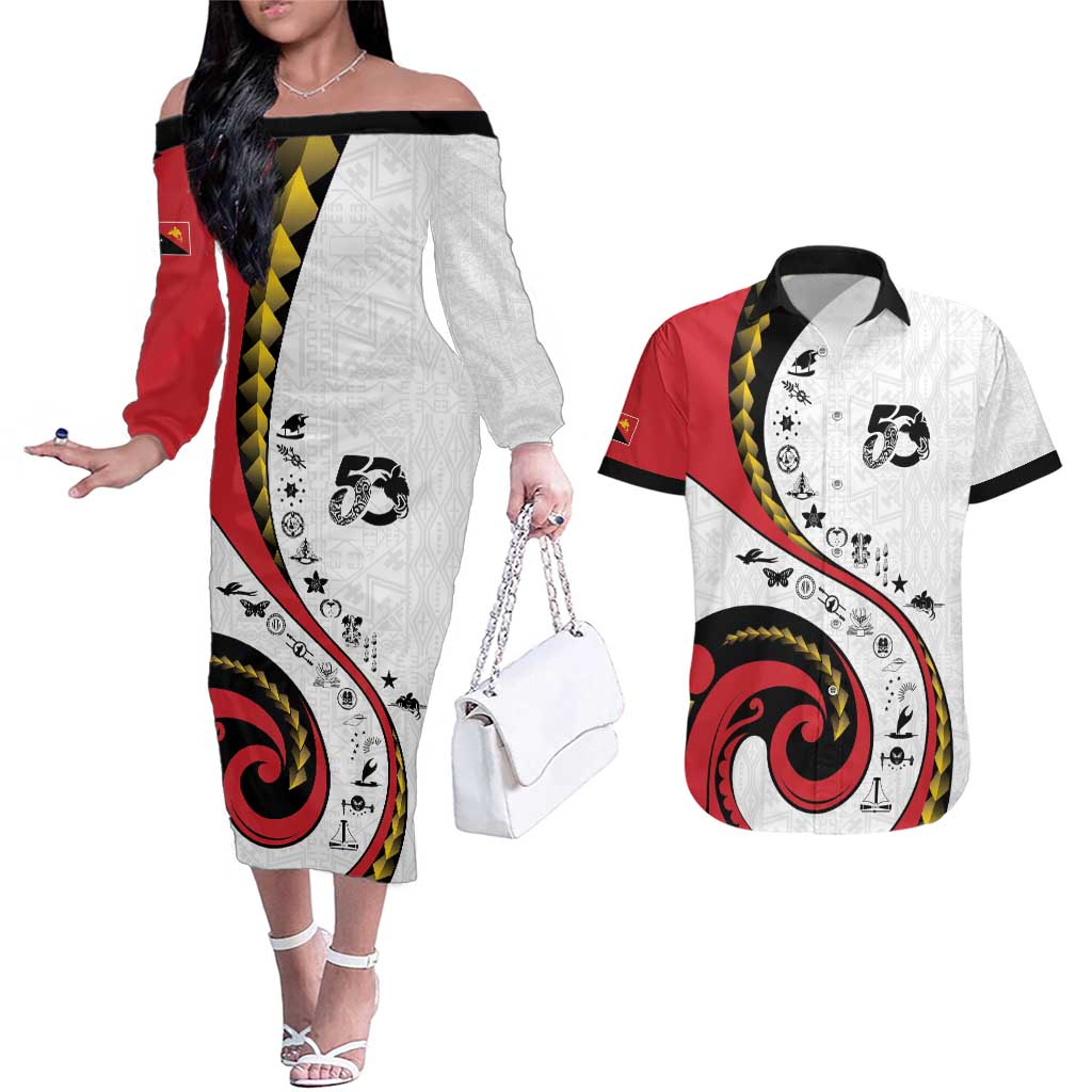 Papua New Guinea 50th Independence Anniversary Couples Matching Off The Shoulder Long Sleeve Dress and Hawaiian Shirt Special Style White Version LT05 White - Polynesian Pride
