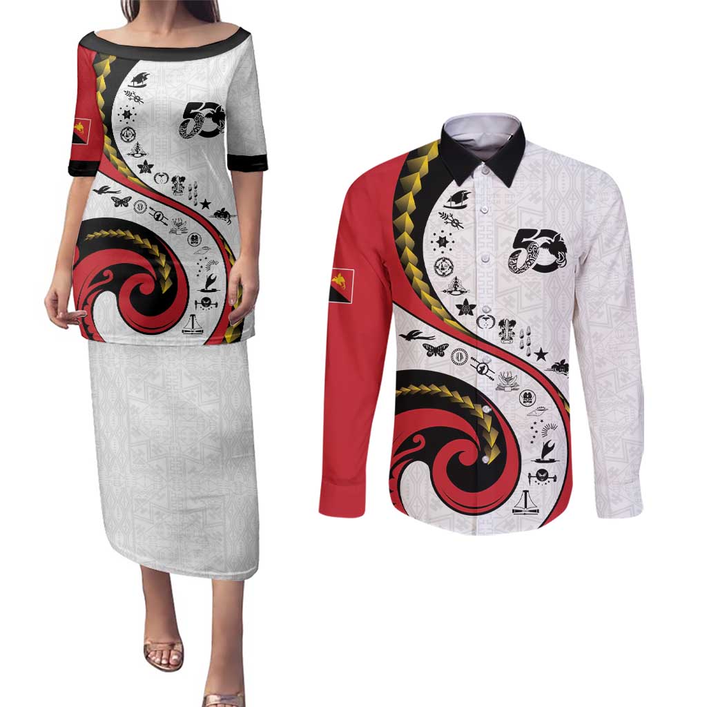 Papua New Guinea 50th Independence Anniversary Couples Matching Puletasi and Long Sleeve Button Shirt Special Style White Version LT05 White - Polynesian Pride