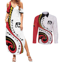 Papua New Guinea 50th Independence Anniversary Couples Matching Summer Maxi Dress and Long Sleeve Button Shirt Special Style White Version LT05 White - Polynesian Pride