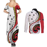 Papua New Guinea 50th Independence Anniversary Couples Matching Summer Maxi Dress and Long Sleeve Button Shirt Special Style White Version LT05 - Polynesian Pride