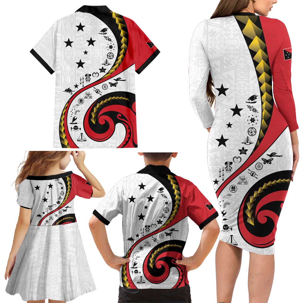 Papua New Guinea 50th Independence Anniversary Family Matching Long Sleeve Bodycon Dress and Hawaiian Shirt Special Style White Version - Polynesian Pride