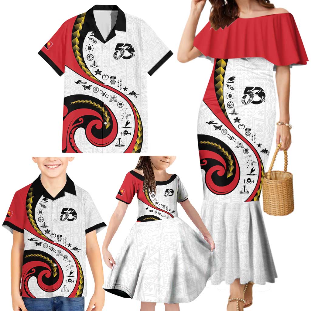 Papua New Guinea 50th Independence Anniversary Family Matching Mermaid Dress and Hawaiian Shirt Special Style White Version LT05 - Polynesian Pride