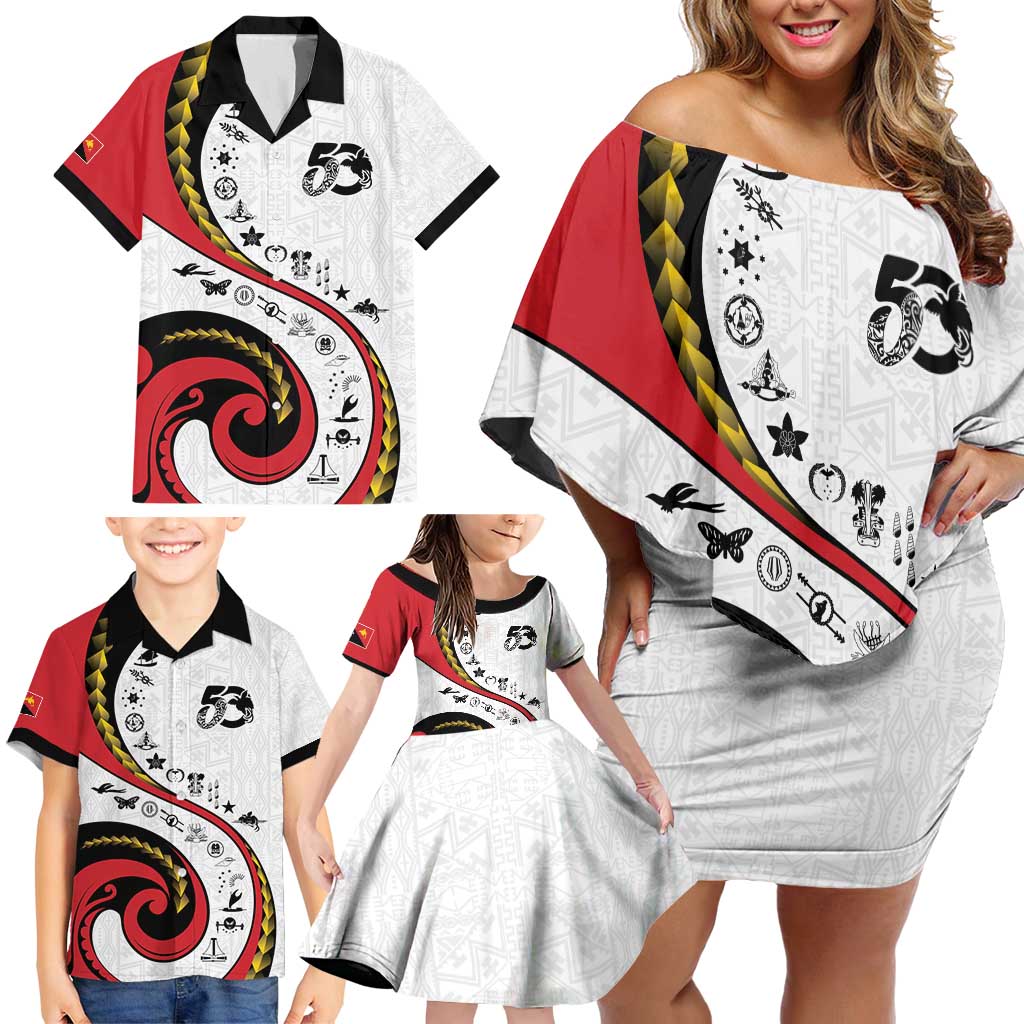 Papua New Guinea 50th Independence Anniversary Family Matching Off Shoulder Short Dress and Hawaiian Shirt Special Style White Version LT05 - Polynesian Pride