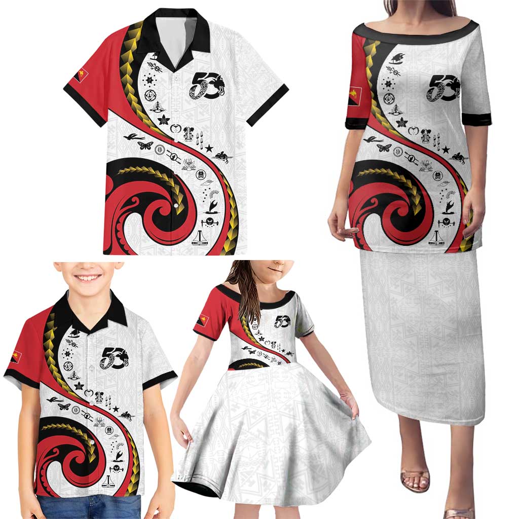 Papua New Guinea 50th Independence Anniversary Family Matching Puletasi and Hawaiian Shirt Special Style White Version LT05 - Polynesian Pride