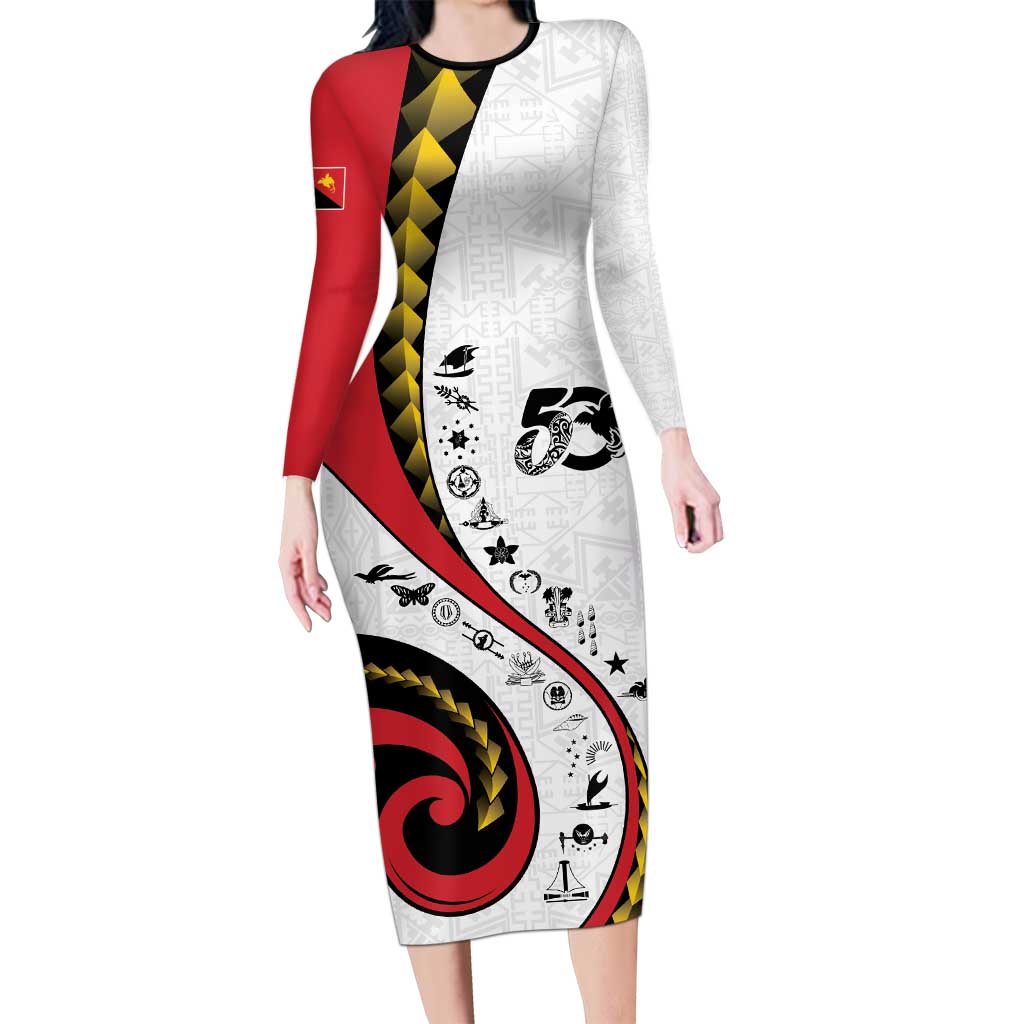 Papua New Guinea 50th Independence Anniversary Long Sleeve Bodycon Dress Special Style White Version - Polynesian Pride