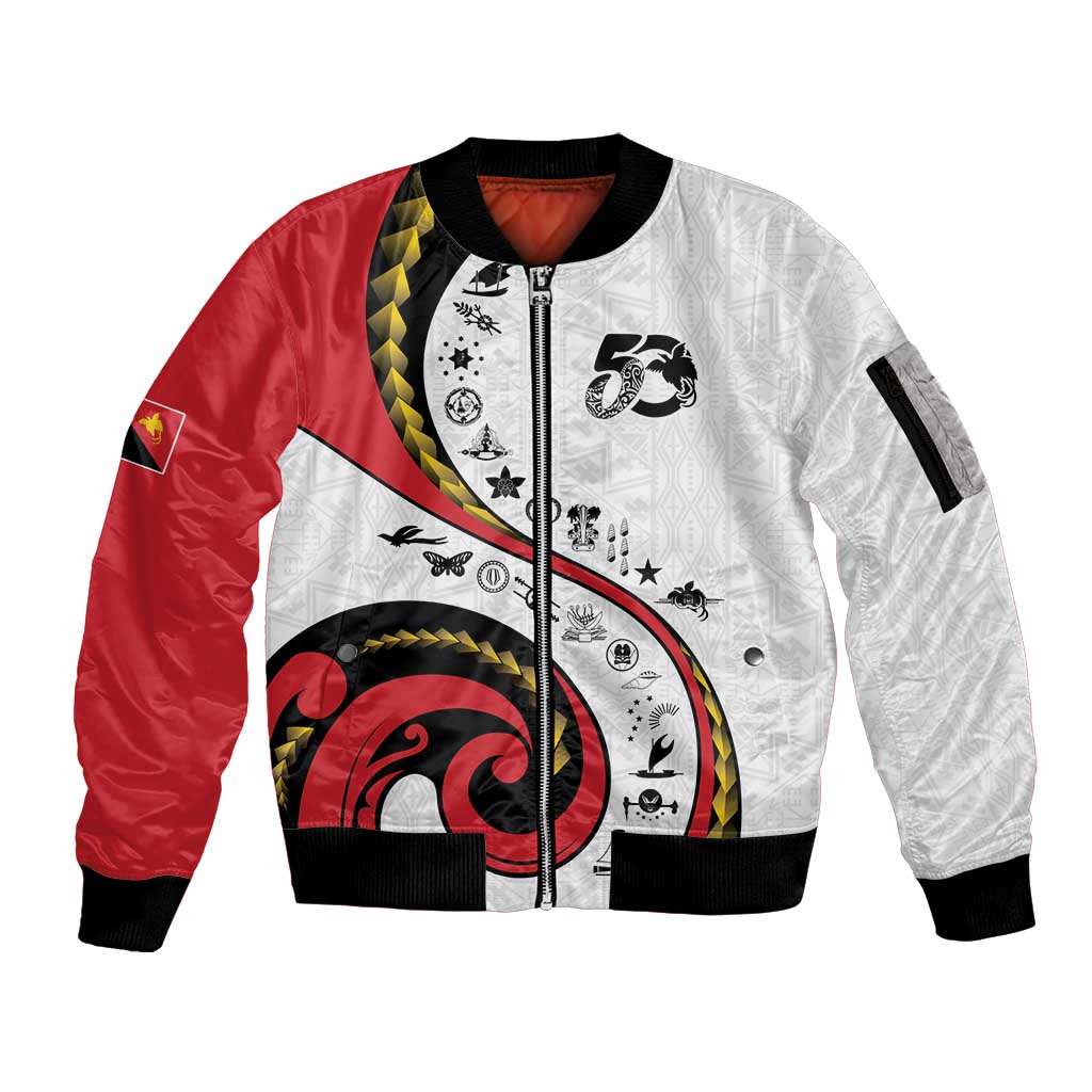 Papua New Guinea 50th Independence Anniversary Sleeve Zip Bomber Jacket Special Style White Version - Polynesian Pride