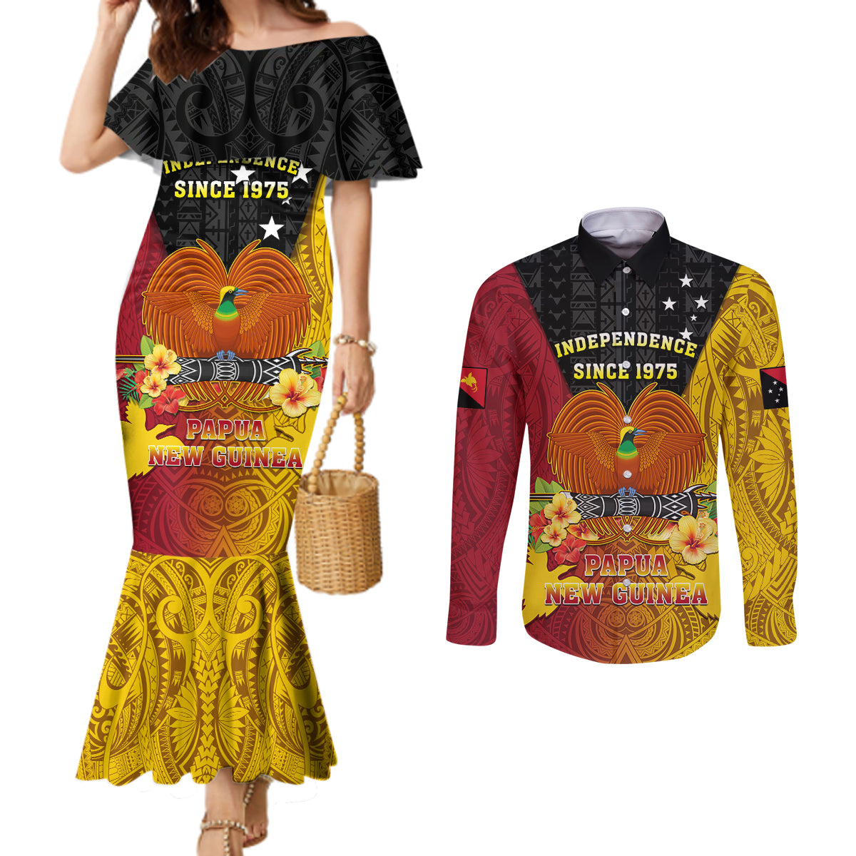 Personalized Papua New Guinea Independence Day Couples Matching Mermaid Dress and Long Sleeve Button Shirts Bird Of Paradise With Polynesian Pattern LT05 Yellow - Polynesian Pride