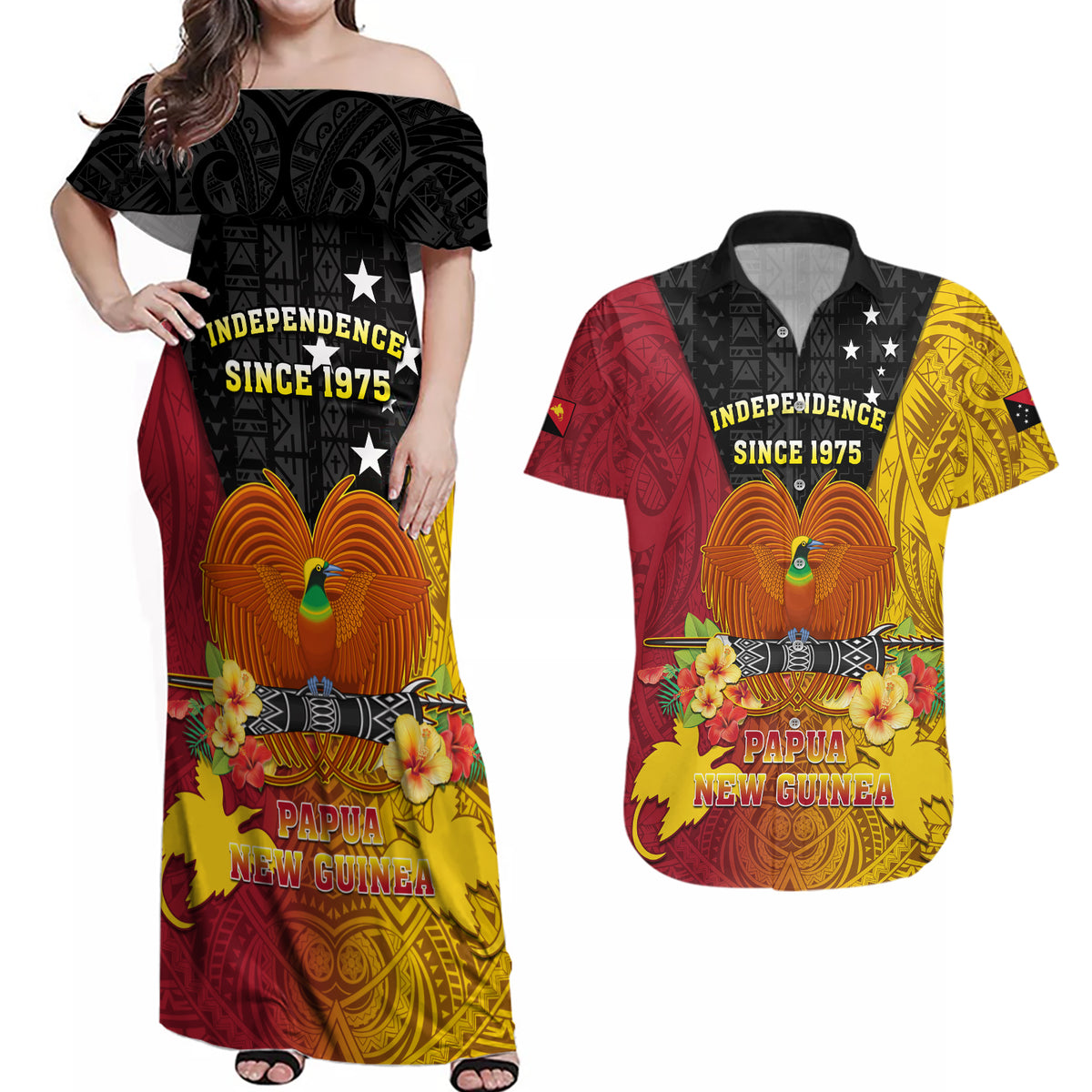 Personalized Papua New Guinea Independence Day Couples Matching Off Shoulder Maxi Dress and Hawaiian Shirt Bird Of Paradise With Polynesian Pattern LT05 Yellow - Polynesian Pride