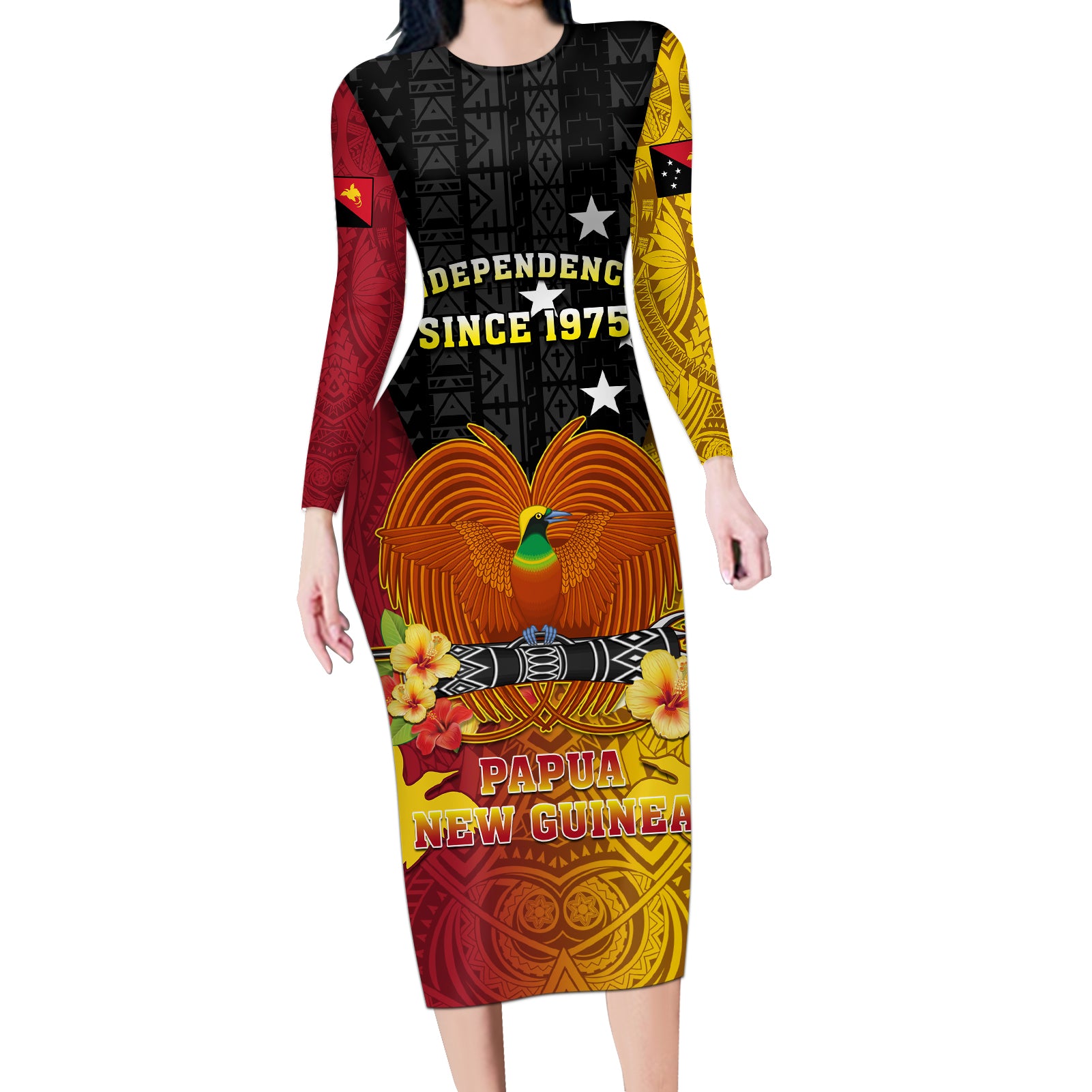 Personalized Papua New Guinea Independence Day Long Sleeve Bodycon Dress Bird Of Paradise With Polynesian Pattern LT05 Long Dress Yellow - Polynesian Pride