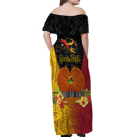 Personalized Papua New Guinea Independence Day Off Shoulder Maxi Dress Bird Of Paradise With Polynesian Pattern LT05 - Polynesian Pride