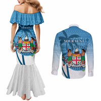 Personalized Fiji Couples Matching Mermaid Dress and Long Sleeve Button Shirts Coat Of Arms Tagimoucia With Fijian Tapa Pattern LT05 - Polynesian Pride