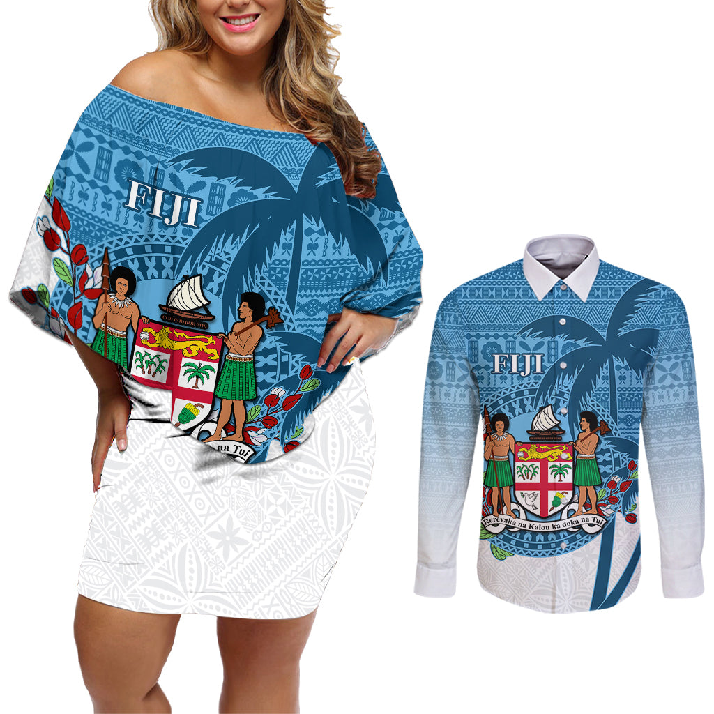 Personalized Fiji Couples Matching Off Shoulder Short Dress and Long Sleeve Button Shirts Coat Of Arms Tagimoucia With Fijian Tapa Pattern LT05 Blue - Polynesian Pride