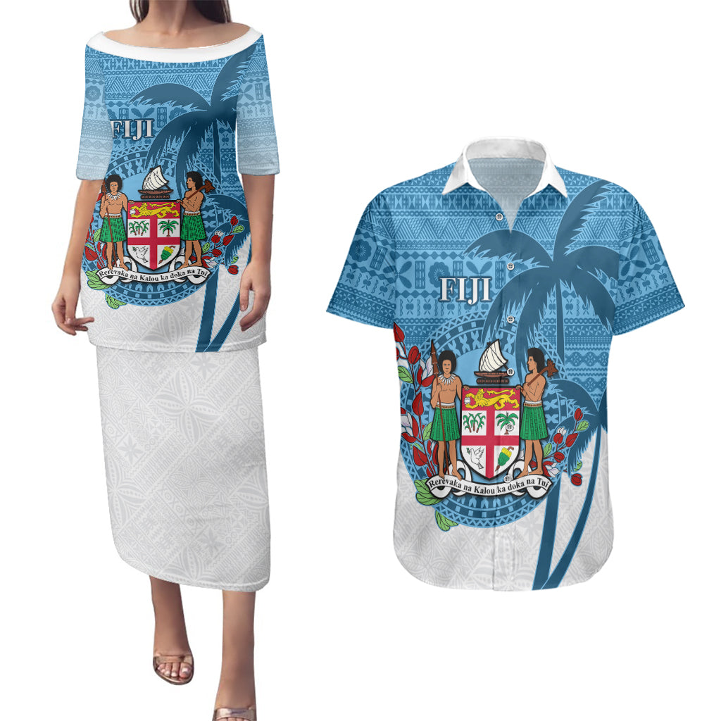 Personalized Fiji Couples Matching Puletasi Dress and Hawaiian Shirt Coat Of Arms Tagimoucia With Fijian Tapa Pattern LT05 Blue - Polynesian Pride