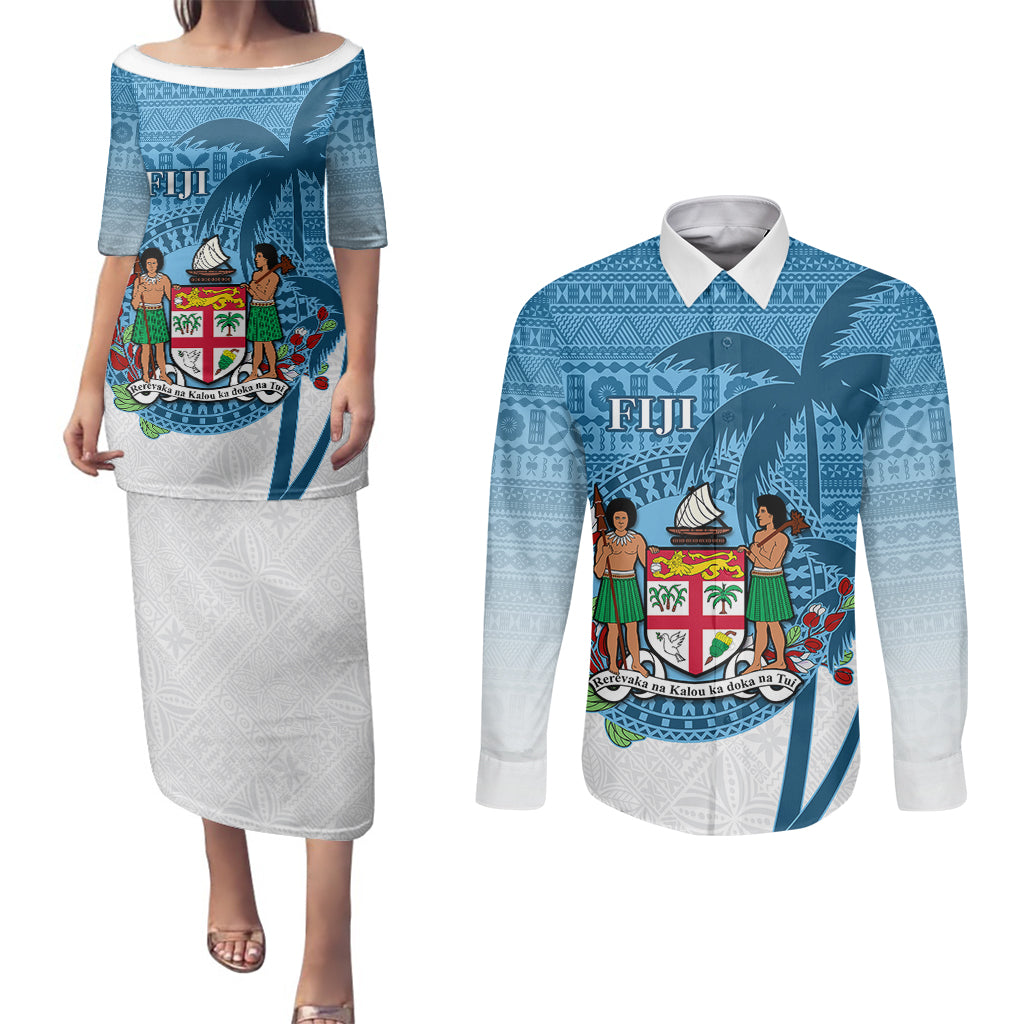 Personalized Fiji Couples Matching Puletasi Dress and Long Sleeve Button Shirts Coat Of Arms Tagimoucia With Fijian Tapa Pattern LT05 Blue - Polynesian Pride