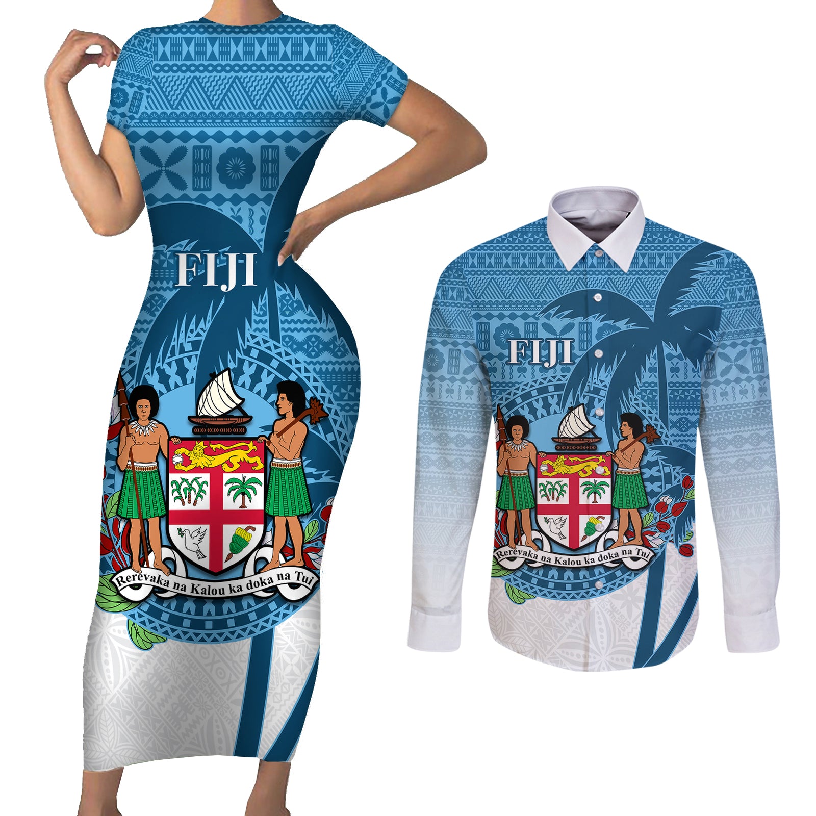 Personalized Fiji Couples Matching Short Sleeve Bodycon Dress and Long Sleeve Button Shirts Coat Of Arms Tagimoucia With Fijian Tapa Pattern LT05 Blue - Polynesian Pride
