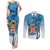 Personalized Fiji Couples Matching Tank Maxi Dress and Long Sleeve Button Shirts Coat Of Arms Tagimoucia With Fijian Tapa Pattern LT05 Blue - Polynesian Pride