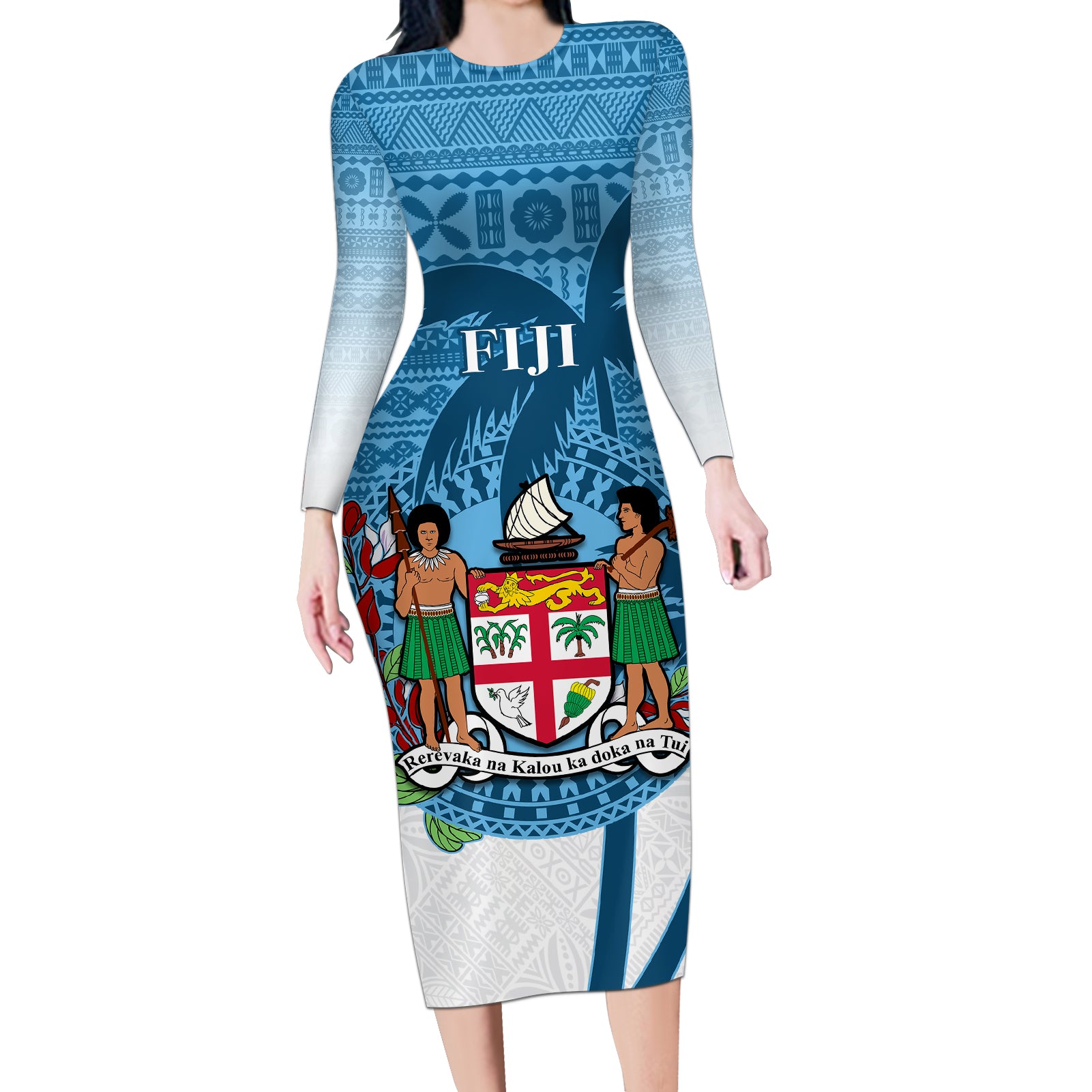 Personalized Fiji Long Sleeve Bodycon Dress Coat Of Arms Tagimoucia With Fijian Tapa Pattern LT05 Long Dress Blue - Polynesian Pride