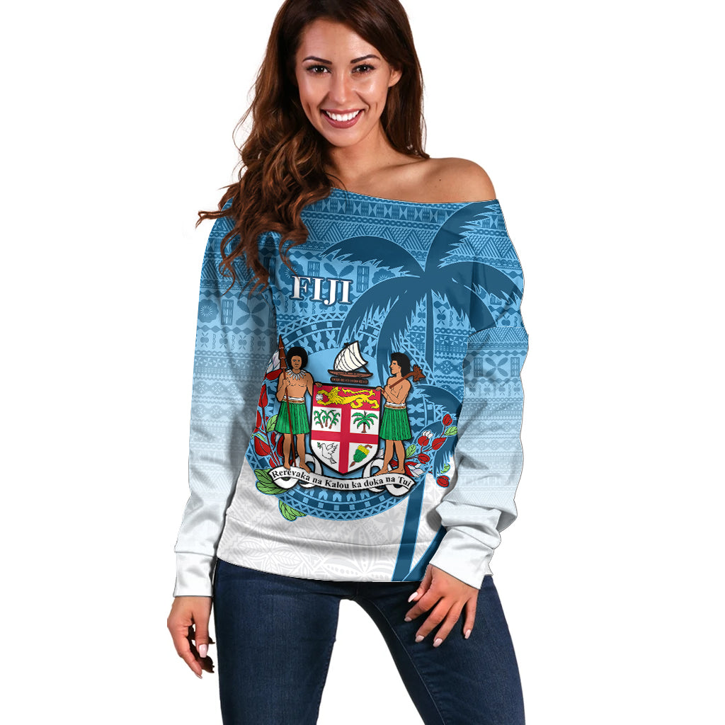 Personalized Fiji Off Shoulder Sweater Coat Of Arms Tagimoucia With Fijian Tapa Pattern LT05 Women Blue - Polynesian Pride