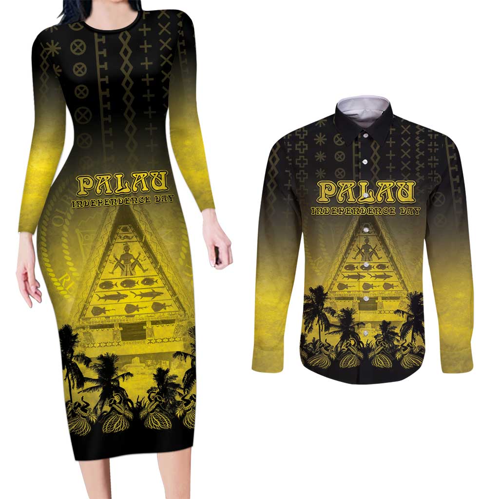 Personalised Palau Independence Day Couples Matching Long Sleeve Bodycon Dress and Long Sleeve Button Shirt Palauan Tattoo Pattern - Polynesian Pride