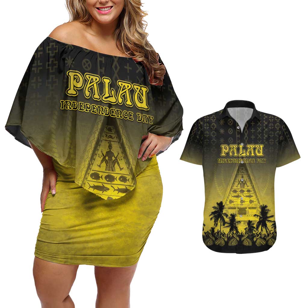 Personalised Palau Independence Day Couples Matching Off Shoulder Short Dress and Hawaiian Shirt Palauan Tattoo Pattern - Polynesian Pride