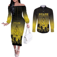 Personalised Palau Independence Day Couples Matching Off The Shoulder Long Sleeve Dress and Long Sleeve Button Shirt Palauan Tattoo Pattern - Polynesian Pride